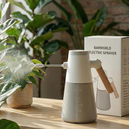 Bamworld electric sprayer showing 180-degree nozzle for precise irrigation.