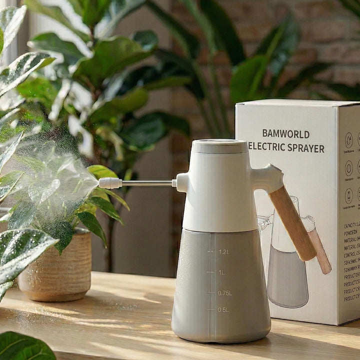 Bamworld electric sprayer showing 180-degree nozzle for precise irrigation.
