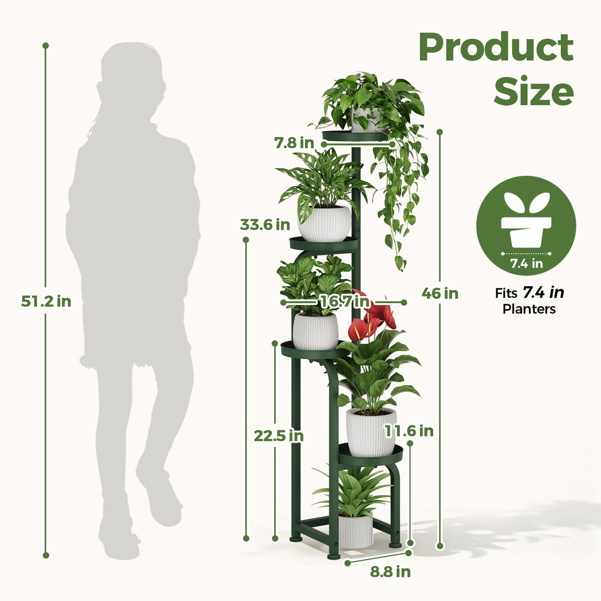Bamworld four-tier dark-green plant shelf with staggered tiers for light exposure.