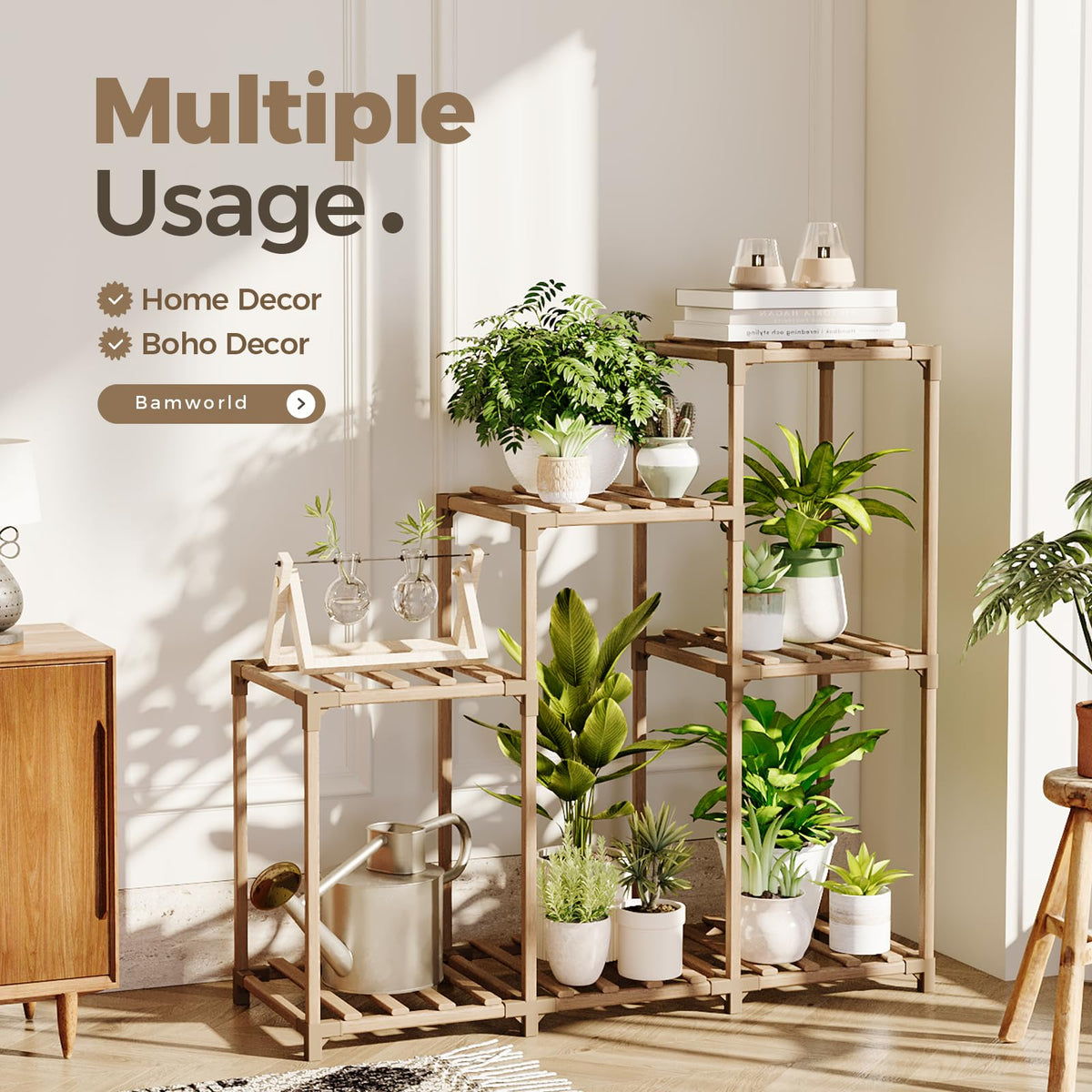 Bamworld indoor outdoor plant rack shown with space-saving ladder design.