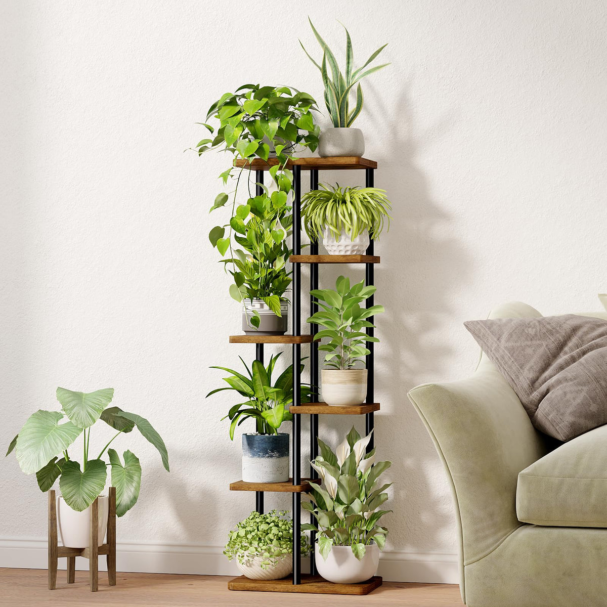 Bamworld indoor display stand for six-tier plants keeps succulents organized.