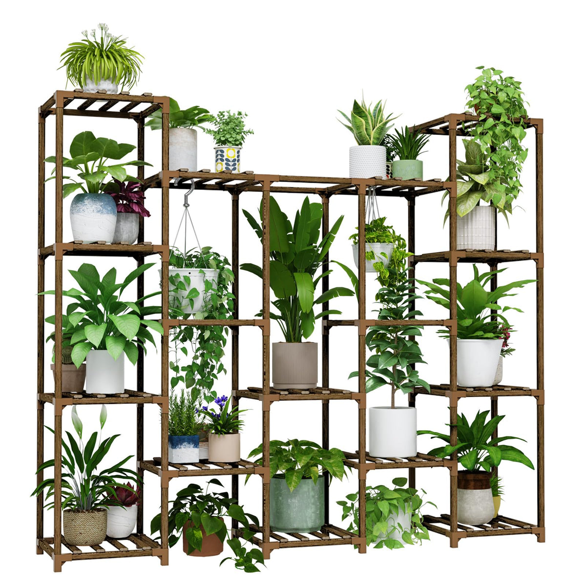 Bamworld large hanging plant stand displays up to 14 pots in a bright living room.