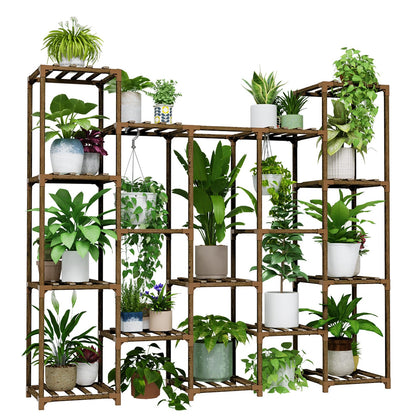 Bamworld large hanging plant stand displays up to 14 pots in a bright living room.