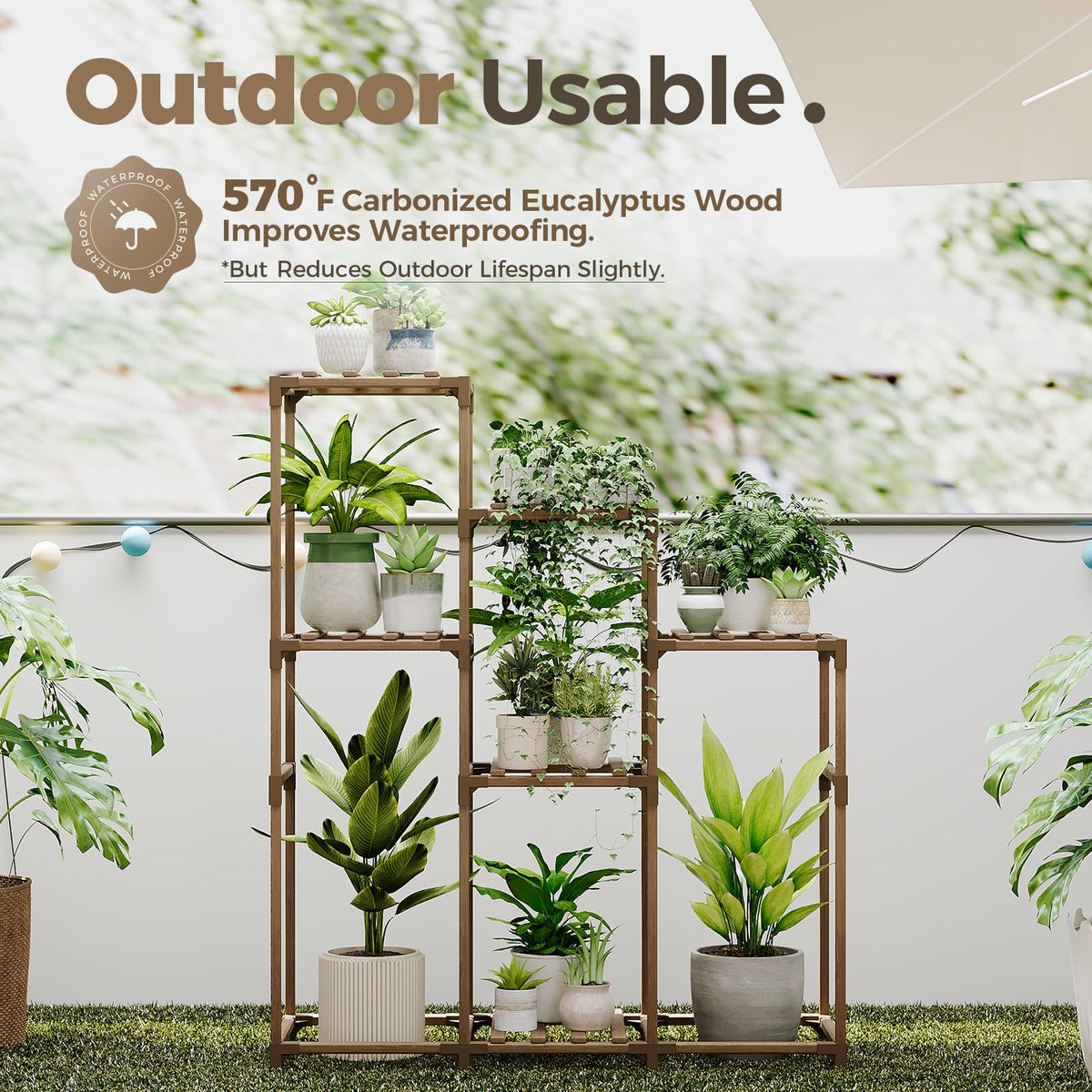 Bamworld five-tier wooden plant rack suitable for indoors and balcony.
