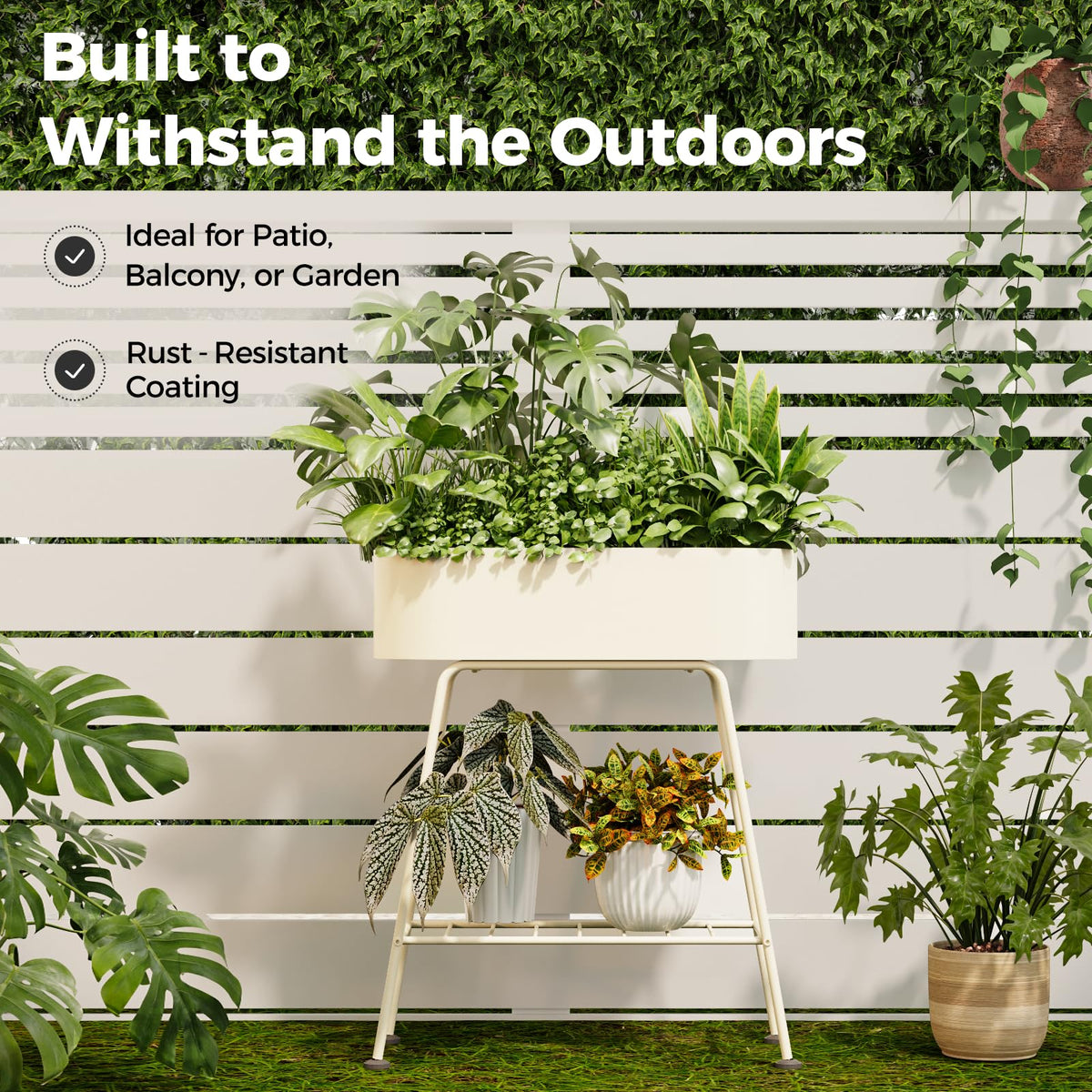 Bamworld outdoor ready plant stand on a patio with weather-friendly finish.
