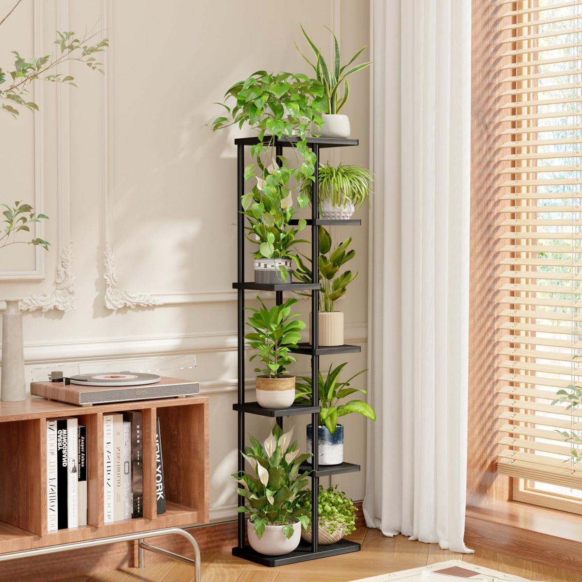 Bamworld balcony-ready plant stand keeps patio greenery organized.