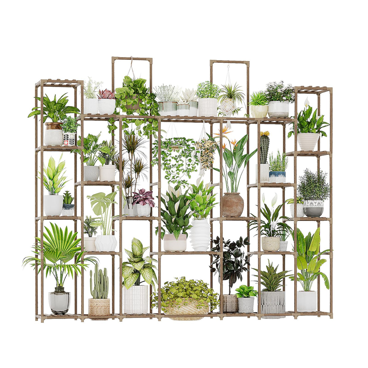 Bamworld plant shelf with 30-pot center display, ideal for compact spaces.