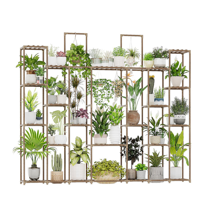 Bamworld plant shelf with 30-pot center display, ideal for compact spaces.