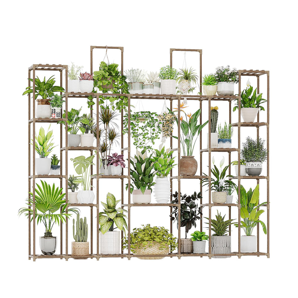 Bamworld plant shelf with 30-pot center display, ideal for compact spaces.