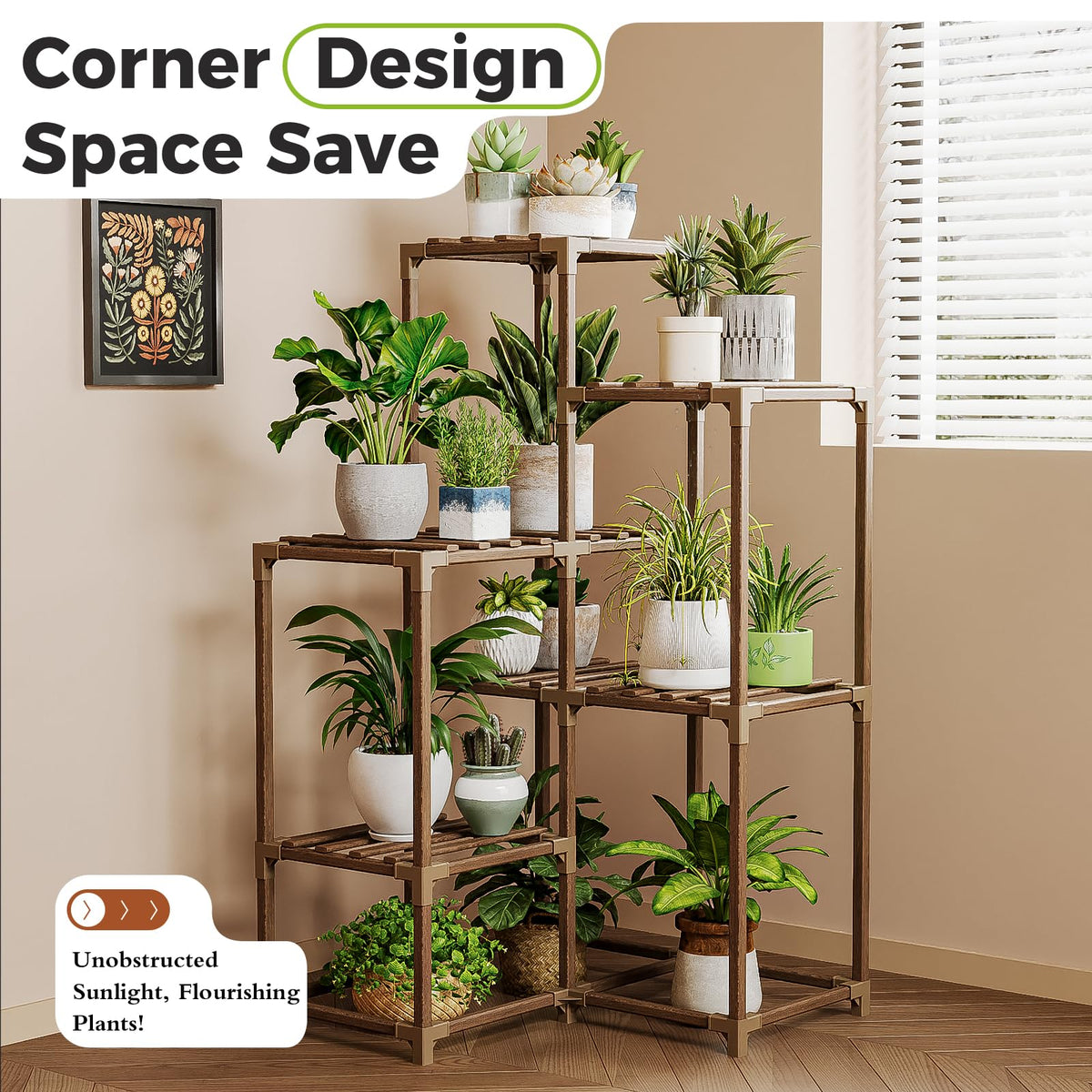 Bamworld 7-shelf plant shelf displaying multiple pots orderly