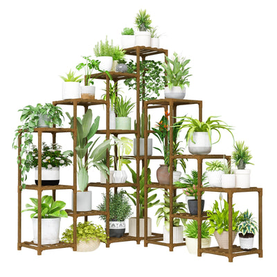 Bamworld plant shelf corner design saves space and organizes plants.