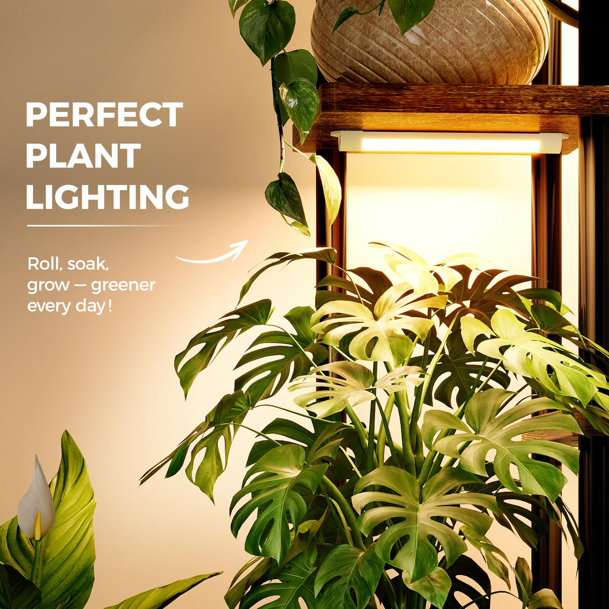 Bamworld plant shelf in a living room blending with modern decor.