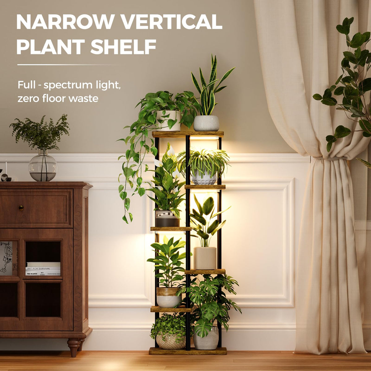 Bamworld six-tier plant shelf saves space while hosting many plants.