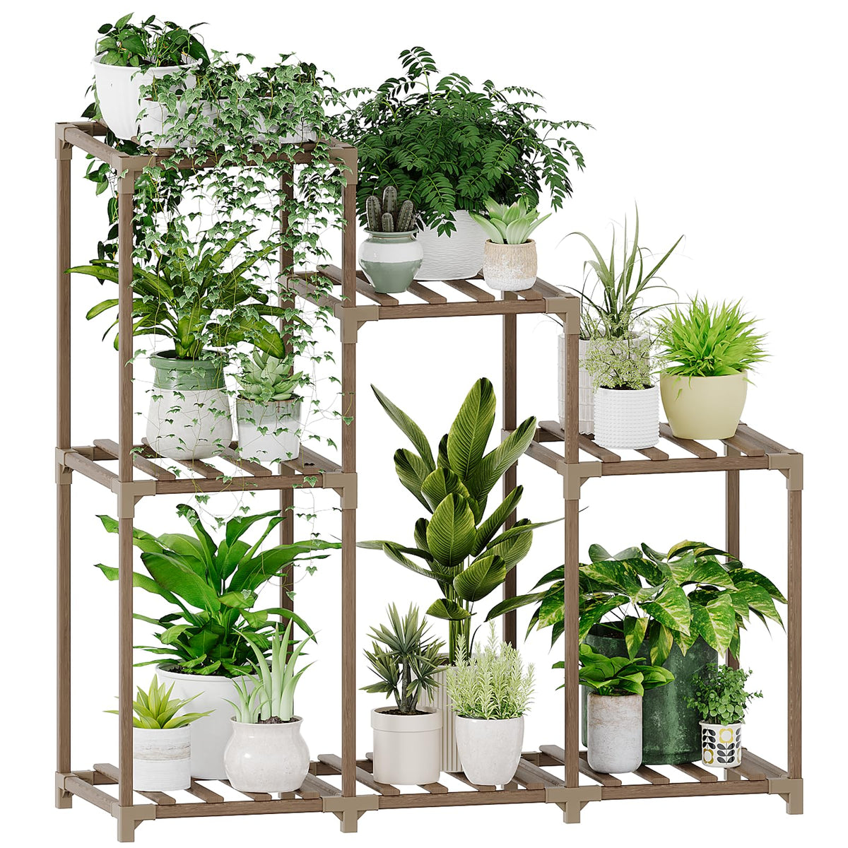 Bamworld 3-tier plant stand displaying multiple pots for sunny indoor spaces.