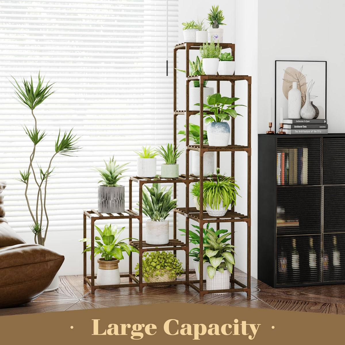 Bamworld plant stand shows vertical plant stacking for small spaces.