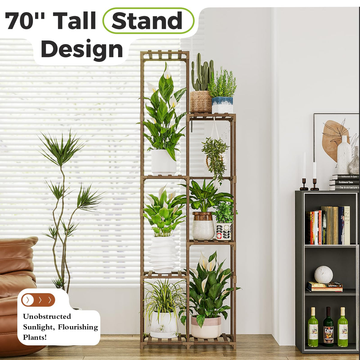 Bamworld 7-tier wood stand showcased as a corner display for greenery.