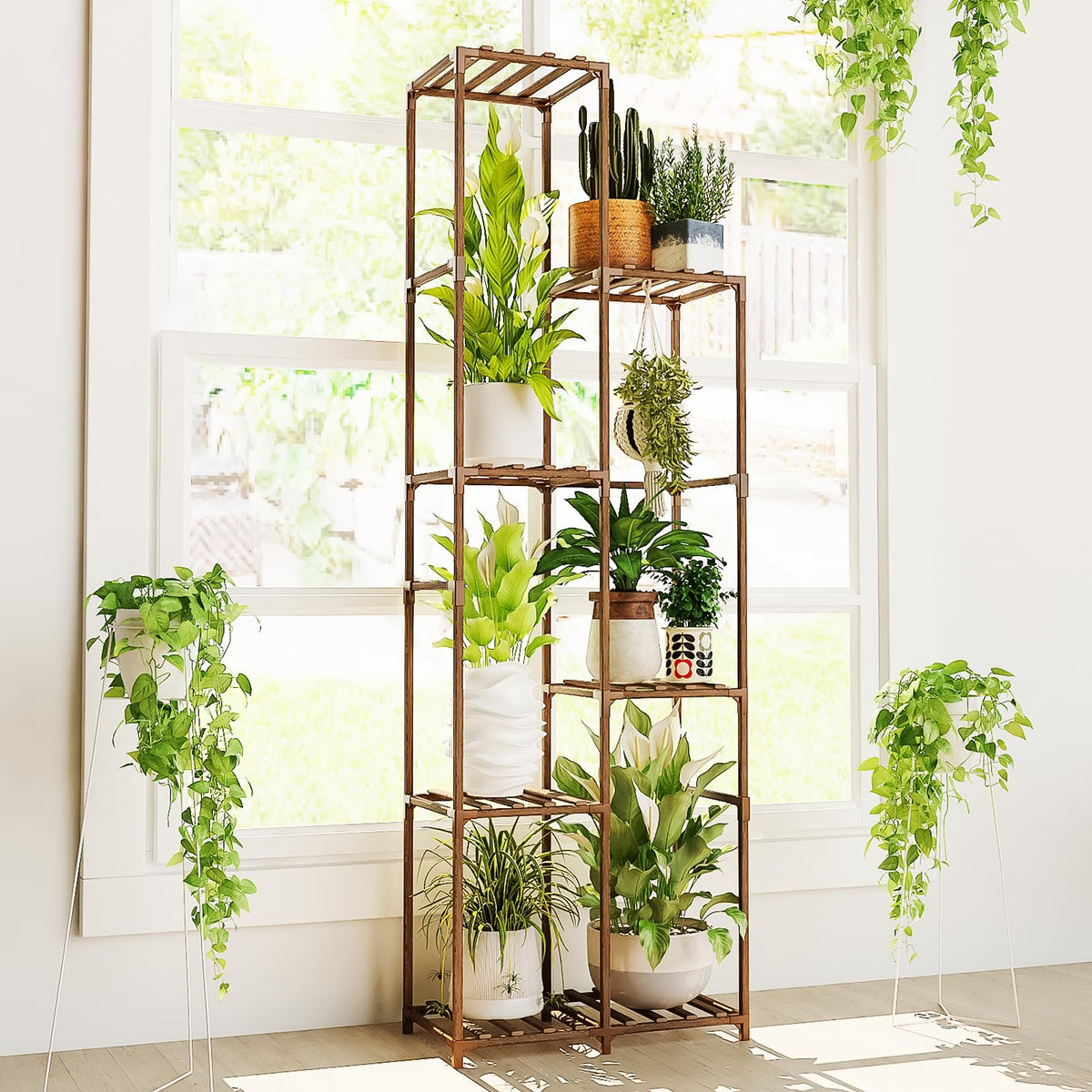Bamworld 7-tier wood plant stand in living room corner elevates tall plants.