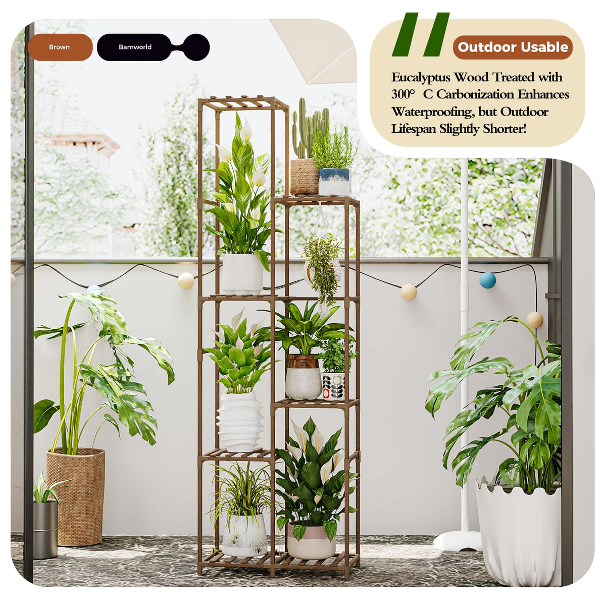 Bamworld outdoor-ready 7-tier wooden plant stand on patio for plants.