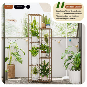 Bamworld outdoor-ready 7-tier wooden plant stand on patio for plants.