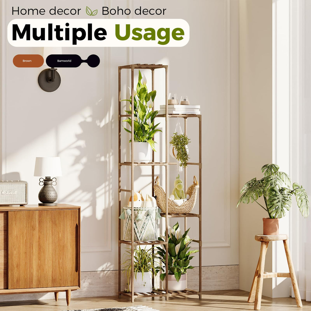 Tall plant display on Bamworld 7-tier wood rack saves floor space.