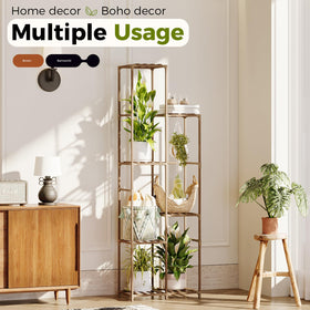Tall plant display on Bamworld 7-tier wood rack saves floor space.