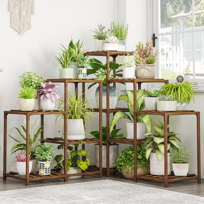 Bamworld 11-pot plant stand in a corner optimizes indoor space.