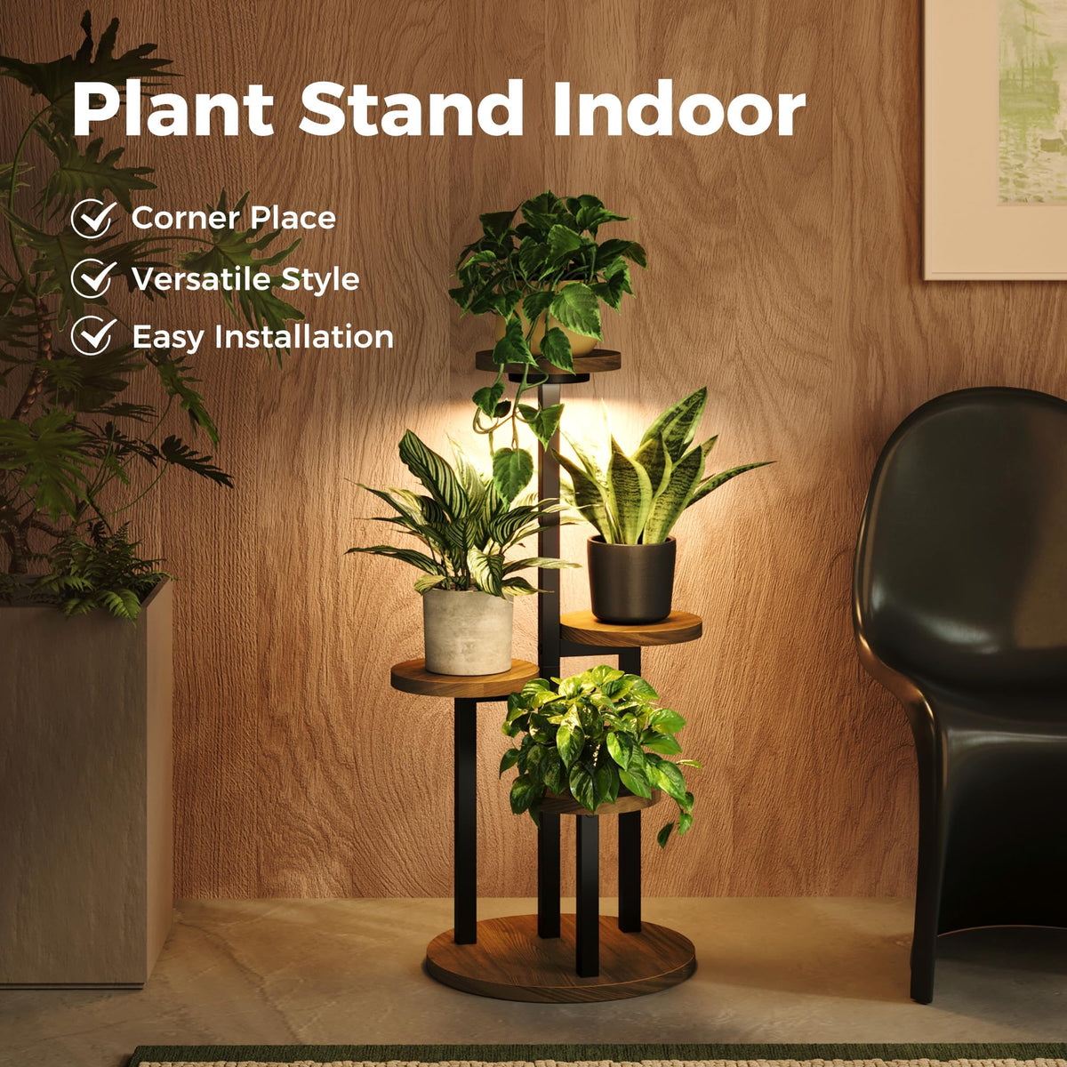 Corner placement of Bamworld plant stand maximizing compact spaces