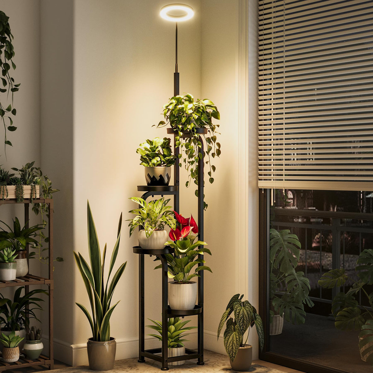 Bamworld plant stand with grow light in a corner, four-tier display.