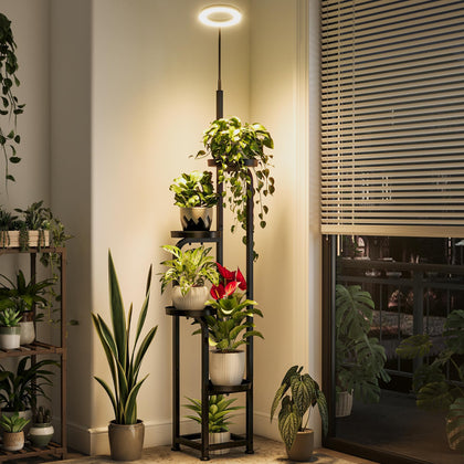 Bamworld plant stand with grow light in a corner, four-tier display.