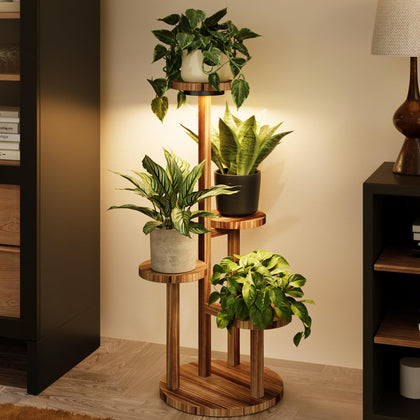 Bamworld plant stand with grow lights creates a compact corner display for thriving plants.