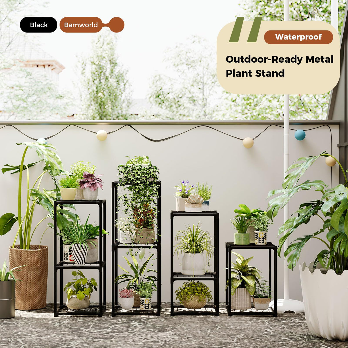 Bamworld Plant Stands balcony garden setup keeps plants organized outdoors.