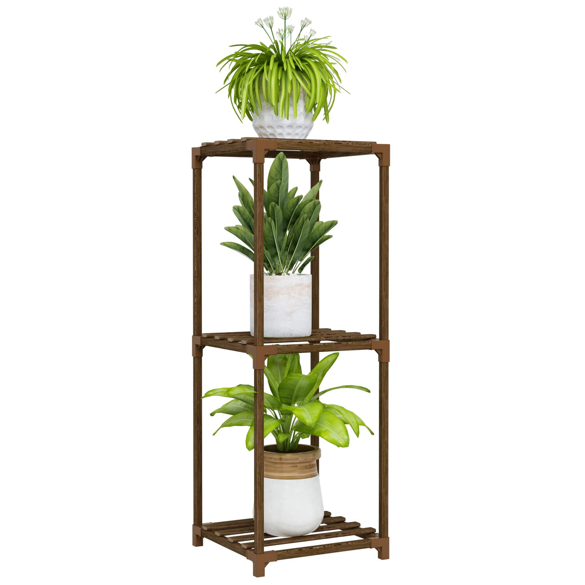 Bamworld 3-tier corner plant stand saving space in a compact room.