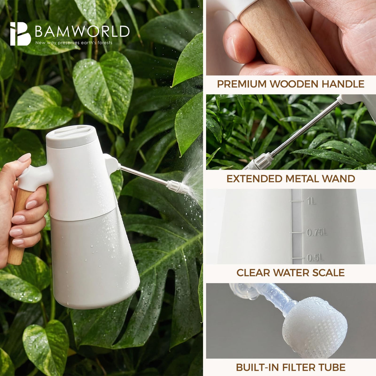Bamworld sprayer with one‑touch continuous spray for hands-free use.