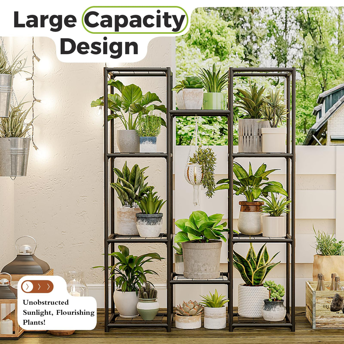 Sturdy metal plant shelf featuring triangular stability for secure display.