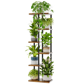 Bamworld tall 6-tier plant stand displays six pots in a compact indoor corner for space saving.