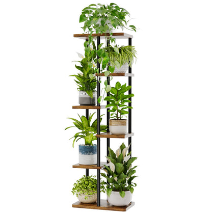 Bamworld tall 6-tier plant stand displays six pots in a compact indoor corner for space saving.