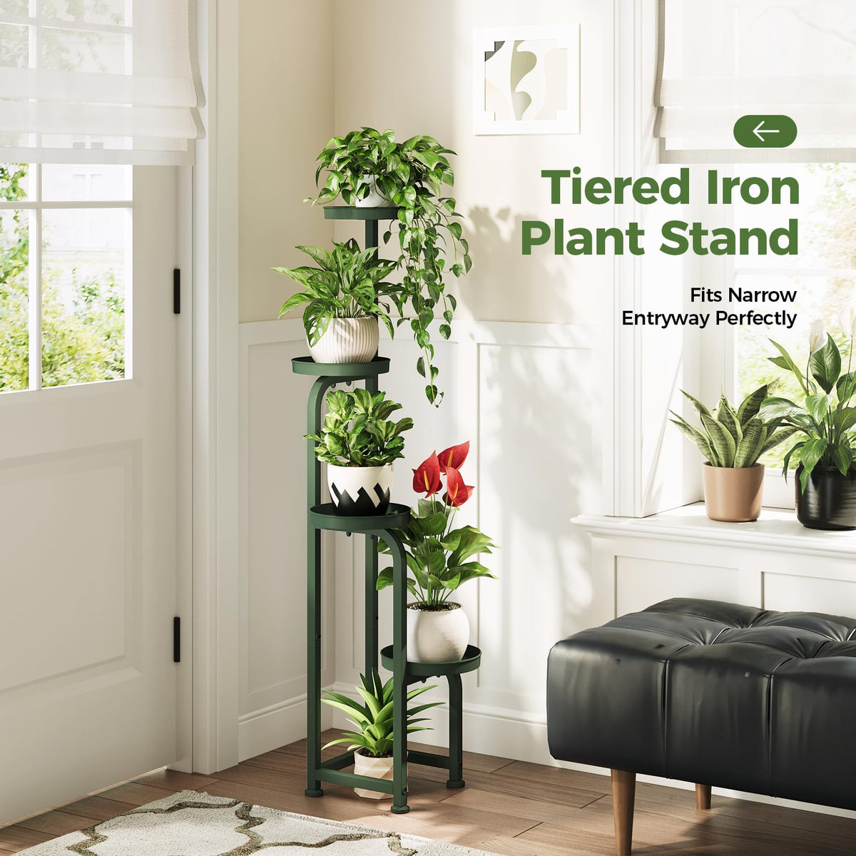 Bamworld tall metal plant stand for indoor or outdoor display of multiple plants.
