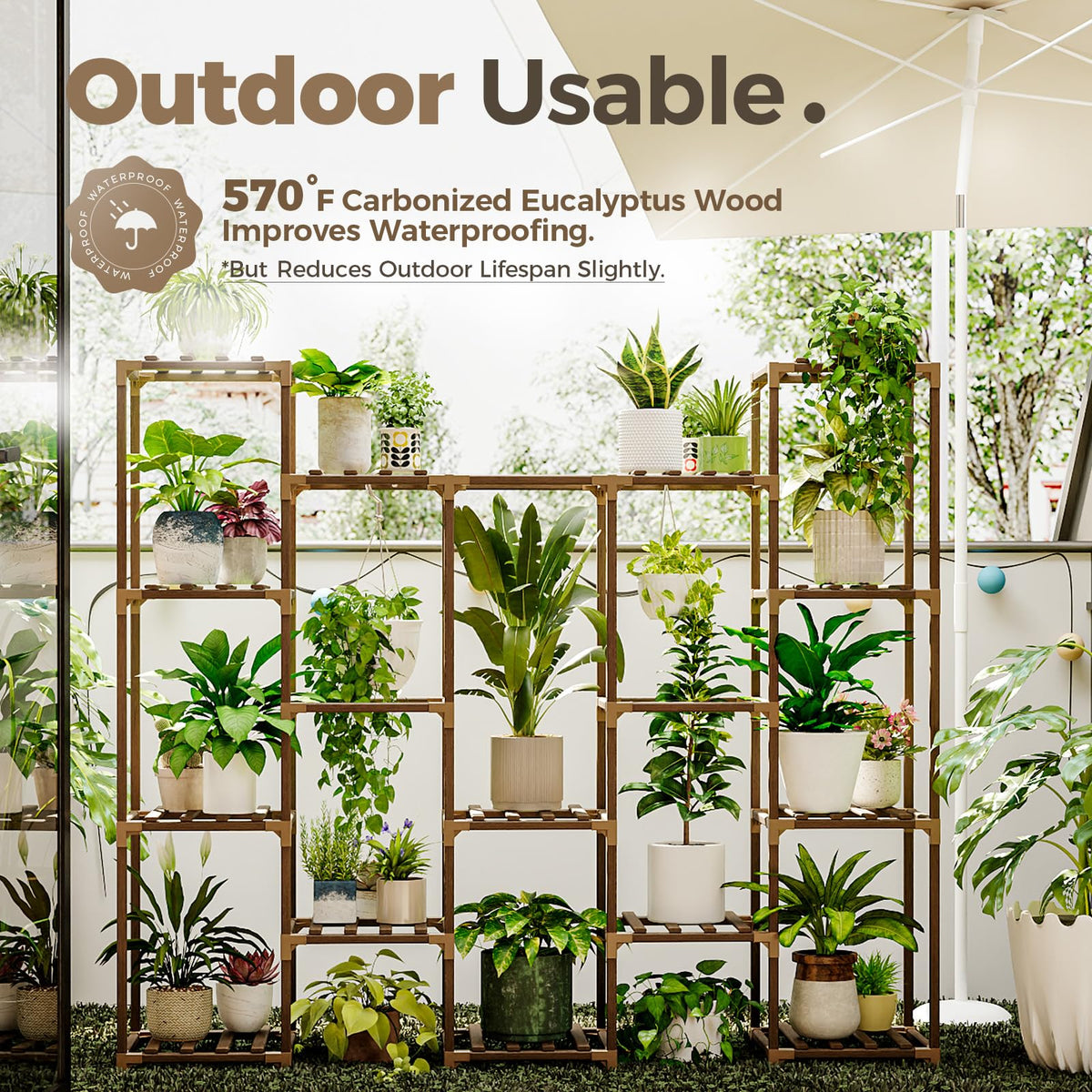 Bamworld tall plant shelf maximizes corner space for lush displays.