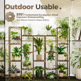 Bamworld tall plant shelf maximizes corner space for lush displays.