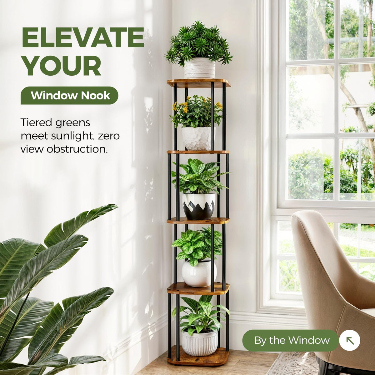 Bamworld tall plant stand five-tier display holds multiple plants in balanced levels.