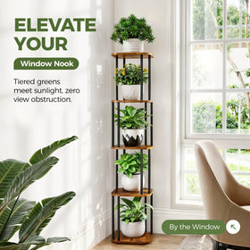 Bamworld tall plant stand five-tier display holds multiple plants in balanced levels.