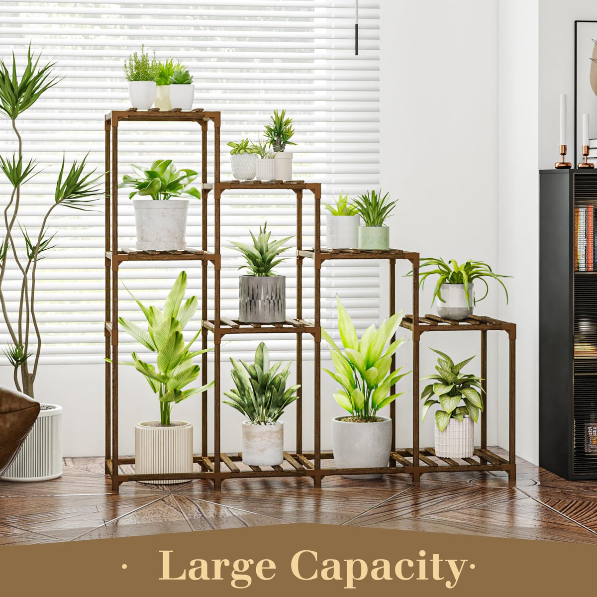 Bamworld tall plant stand placed indoors and outdoors for versatility