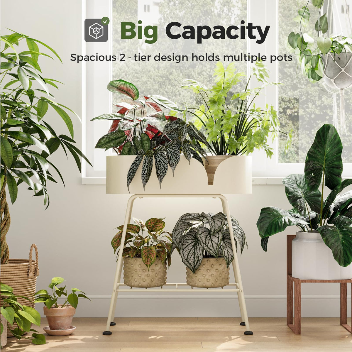 Bamworld tall plant stand indoors elevating plants toward light.