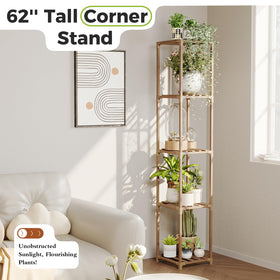 Bamworld tall plant shelf wood stand designed to fit living rooms.