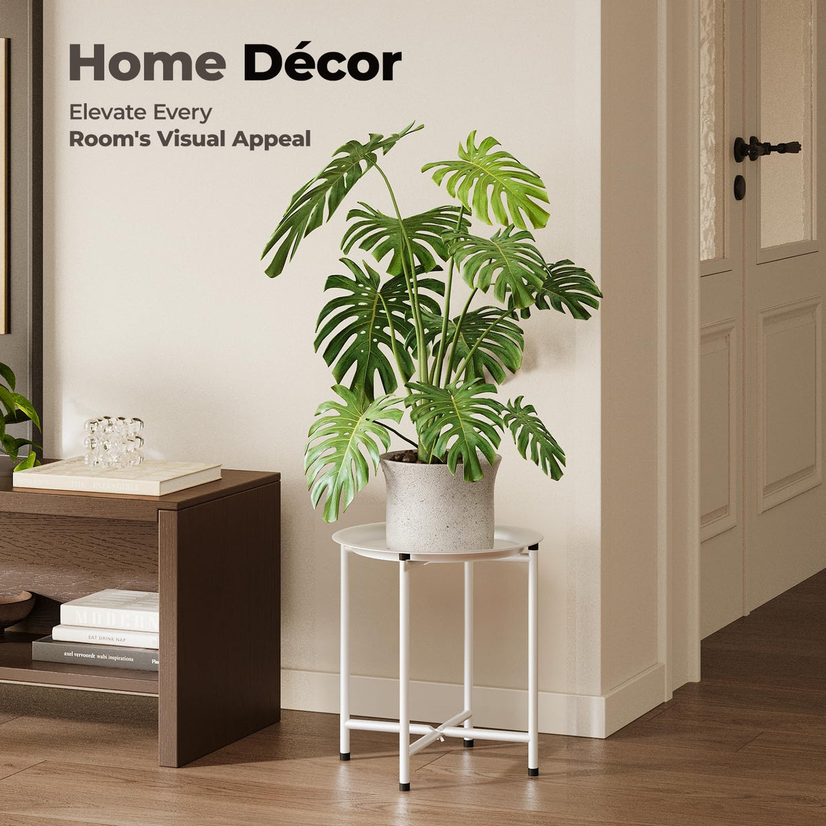 Bamworld white plant stand in living room as stylish corner display