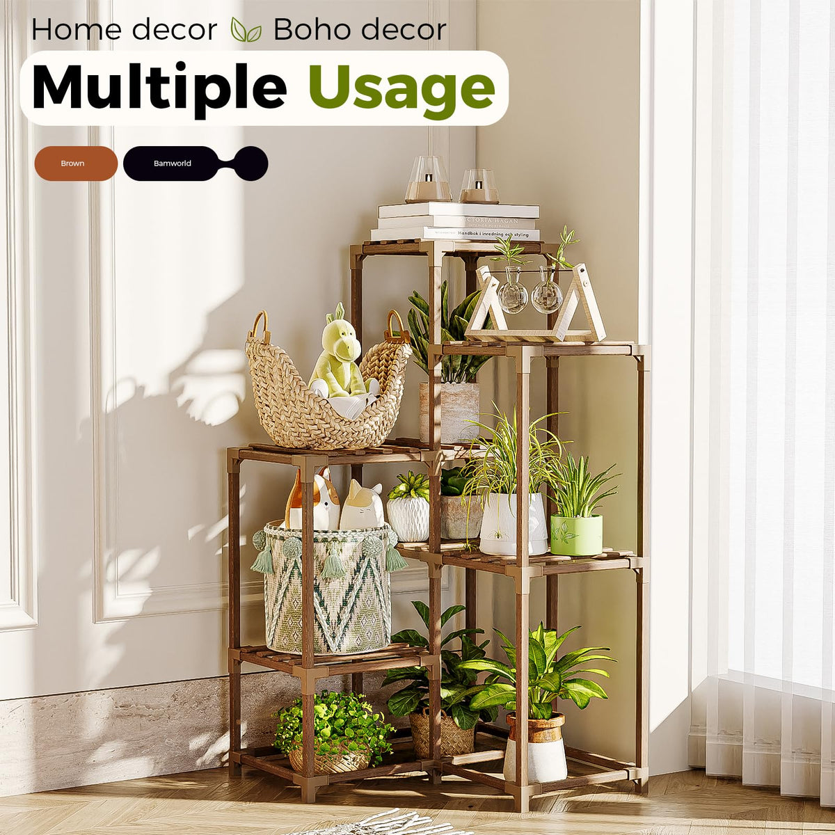 Bamworld wood plant rack natural with rustic sturdy look