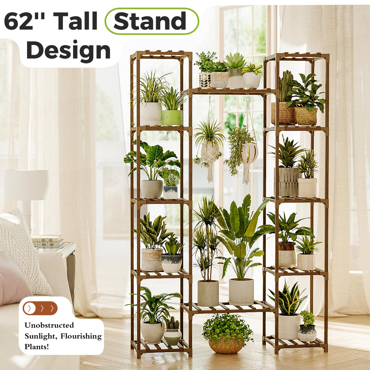 Bamworld wooden plant shelf showing sturdy joints and carbonized eucalyptus material.