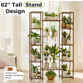 Bamworld wooden plant shelf showing sturdy joints and carbonized eucalyptus material.
