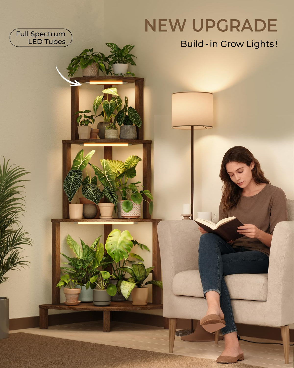 Bamworld wooden four-shelf plant stand creates a layered greenery centerpiece.