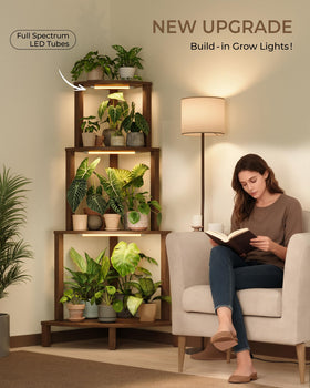 Bamworld wooden four-shelf plant stand creates a layered greenery centerpiece.